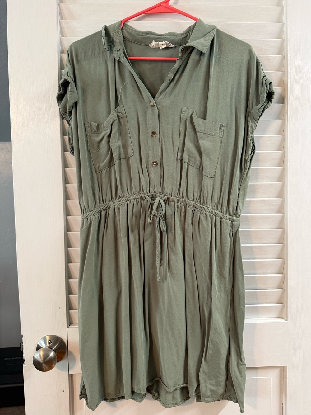 Women's Olive Drawstring Waist Button-Front Dress